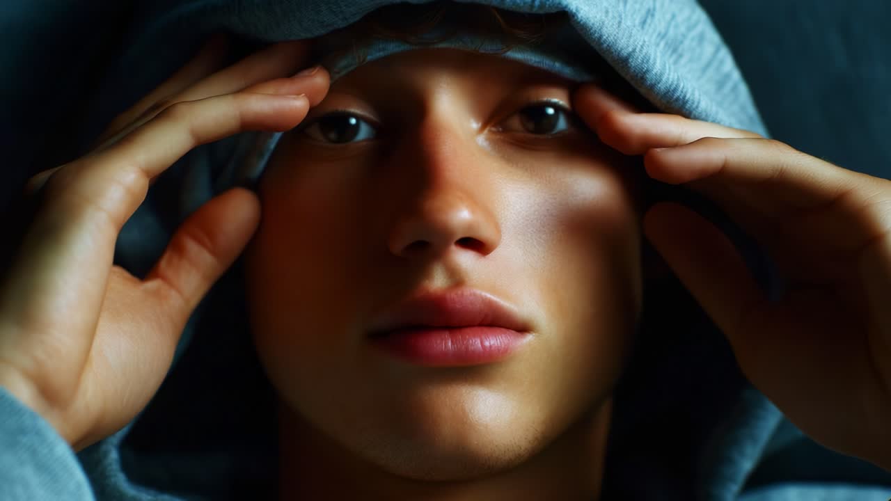 A contemplative young individual with a hoodie pulled down over their eyes, perfectly capturing a moment of introspection and emotional depth, illustrating the complexities of thoughts and feelings in a serene setting