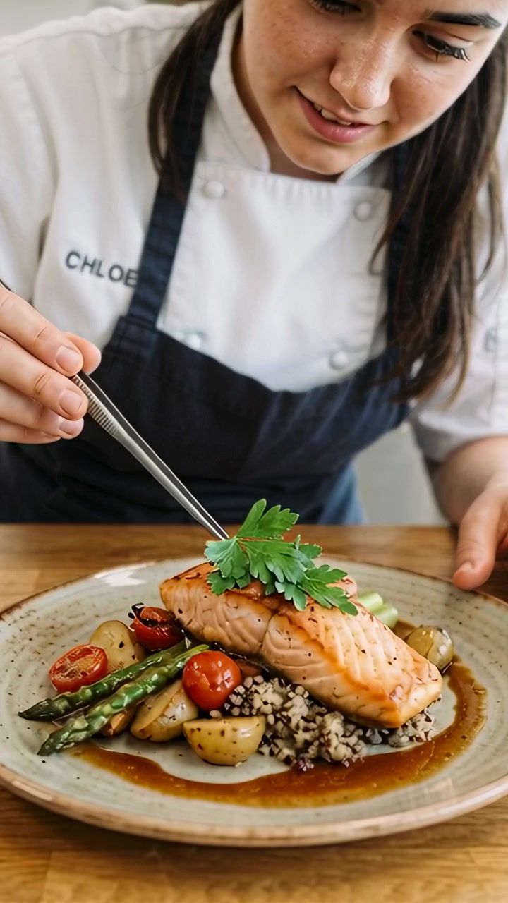 Vertical video: Finishing chef in coat, apron picking herb with tweezers on counter, plating salmon