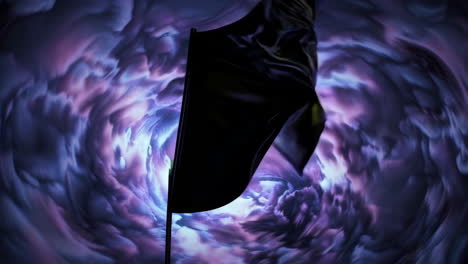 abstract dark form against swirling purple and blue ethereal background