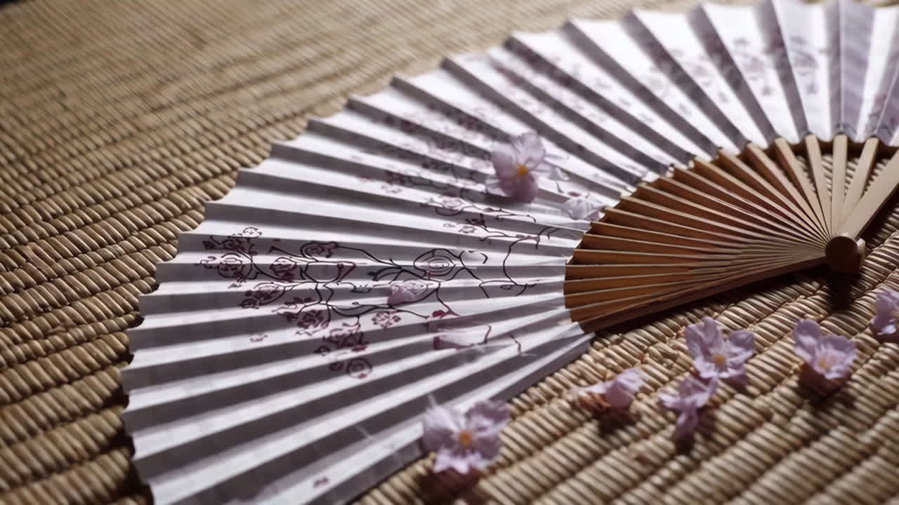 Japanese Paper Fan with Cherry Blossoms on Tatami Mat