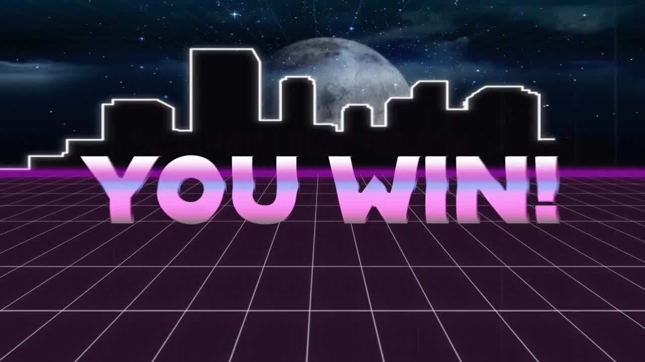 애니메이션 빈티지 비디오 게임 화면 금속 단어와 함께 당신이 승리 작성