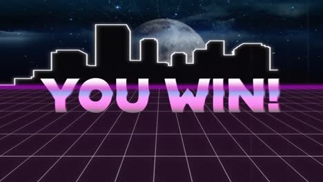animation vintage video game screen with metallic words you win written