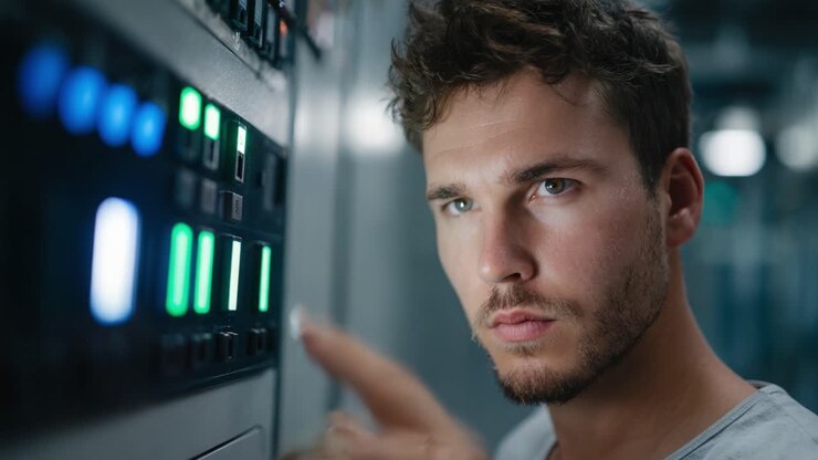 Focused Technician Operating Control Panel with Precision in a Modern Data Center Environment, Showcasing Technology and Attention to Detail in Action