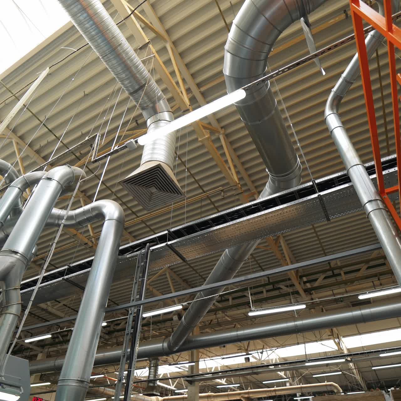ventilation system inside the plant of the production of parquet boards. Modern technology of industry