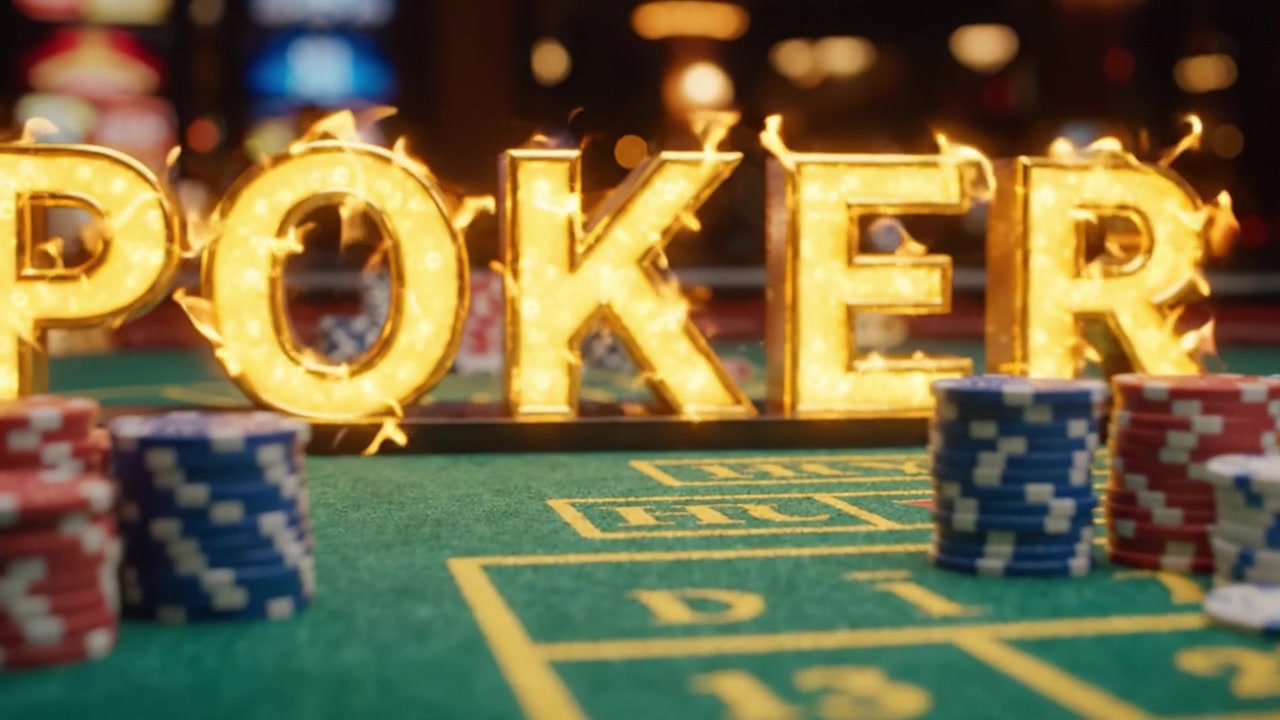 A Vibrant Poker Table at Night: Discover the Excitement of High-Stakes Gaming with Intriguing Chips and Radiant Neon Lights Reflecting the Casino Atmosphere
