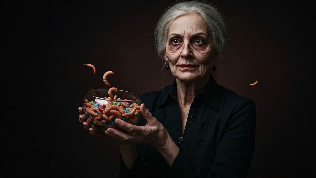 Eerie Encounter: An Enigmatic Elderly Woman Holding a Bowl of Peculiar Edibles with Expressive Features in a Mysterious Setting