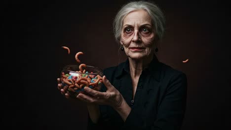 eerie encounter: an enigmatic elderly woman holding a bowl of peculiar edibles with expressive features in a mysterious setting