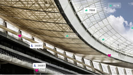 animation of social media icons floating against sports stadium and blue sky