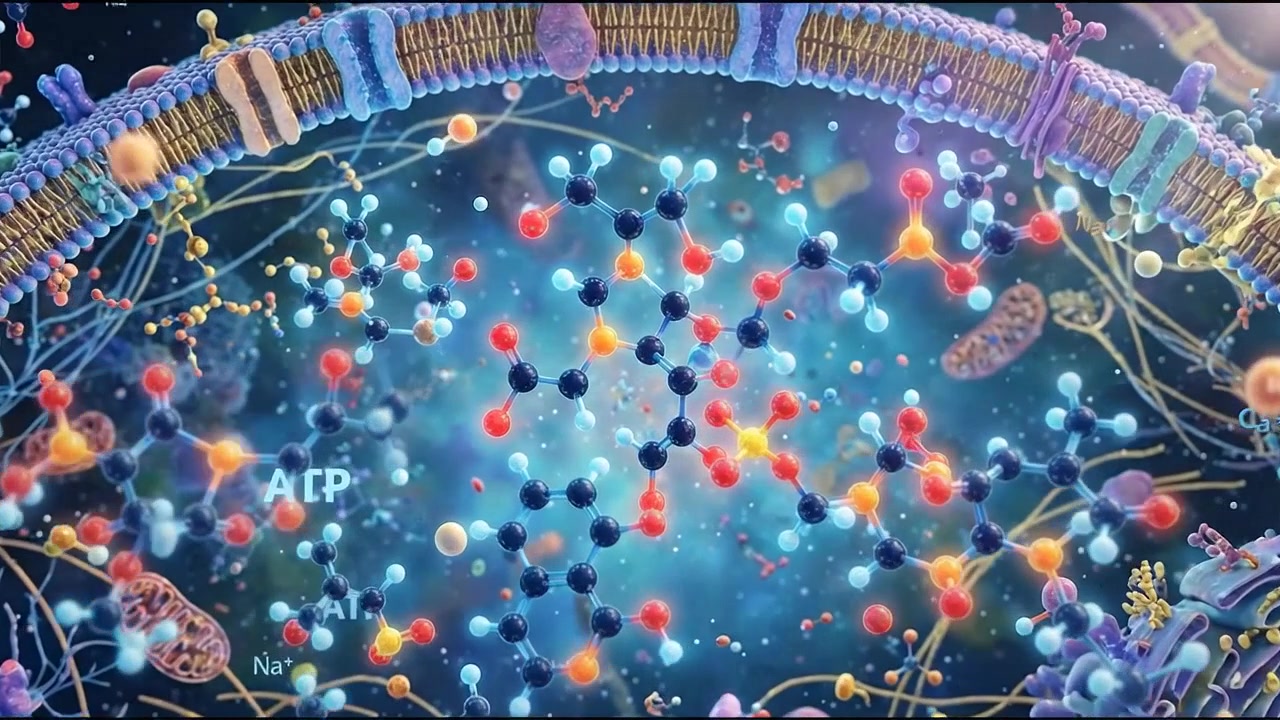 Colorful molecular particles and connected cells floating through blue science background
