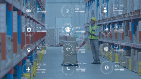 warehouse worker moving boxes, logistics and data analytics animation over shelves