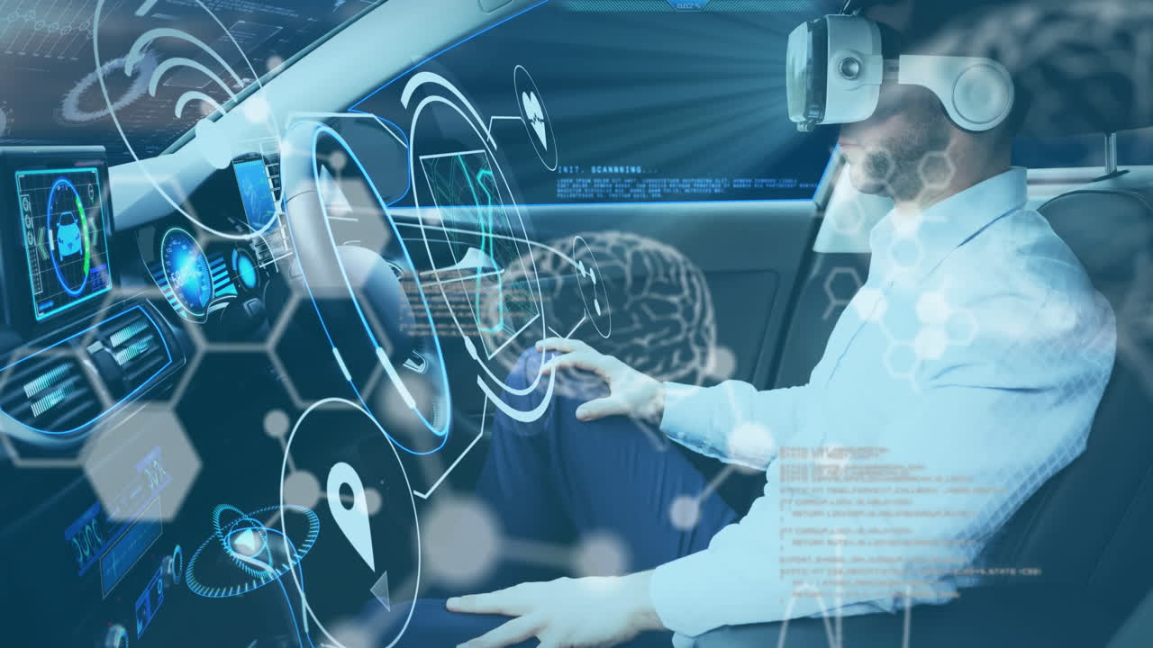 자율주행 자동차에서 man in vr 헤드 ⁇ 과 함께 아이콘과 정보를 보여주는 인터페이스의 애니메이션