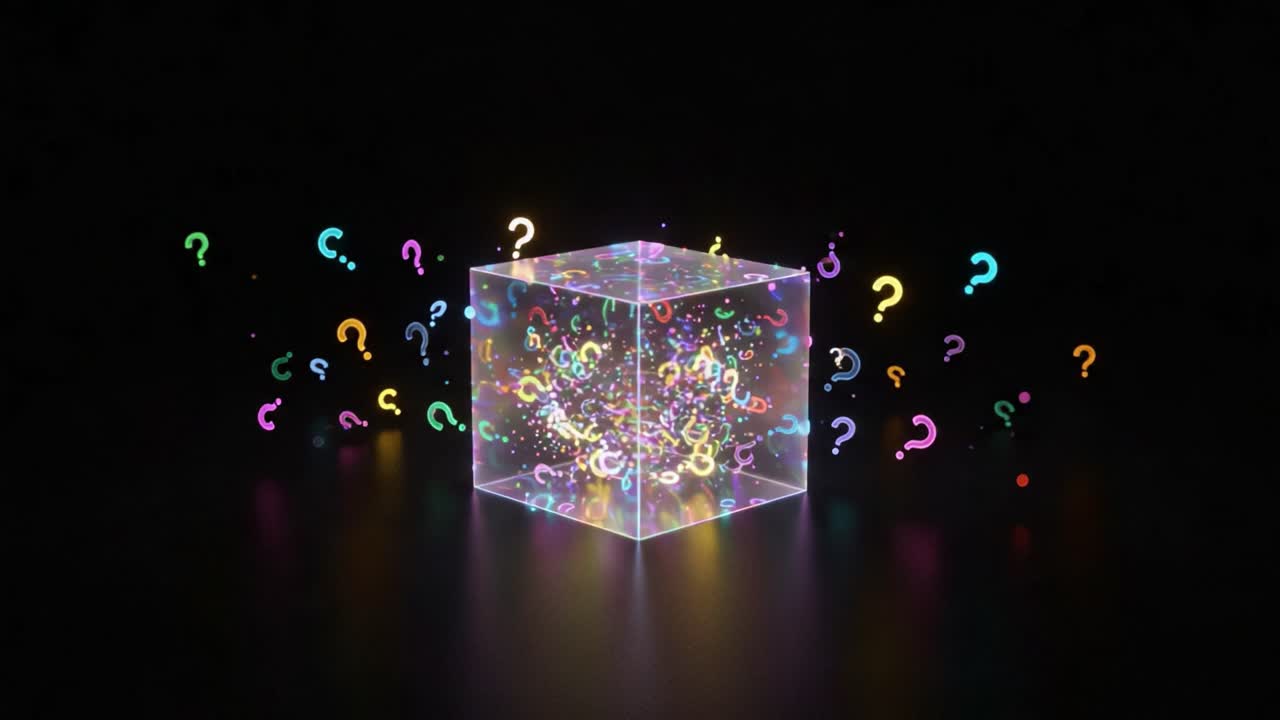 A Mysterious Transparent Cube Filled with Colorful Question Marks Bursting Out, Symbolizing Curiosity and the Quest for Knowledge in a Dark Environment