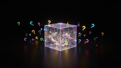 a mysterious transparent cube filled with colorful question marks bursting out, symbolizing curiosity and the quest for knowledge in a dark environment