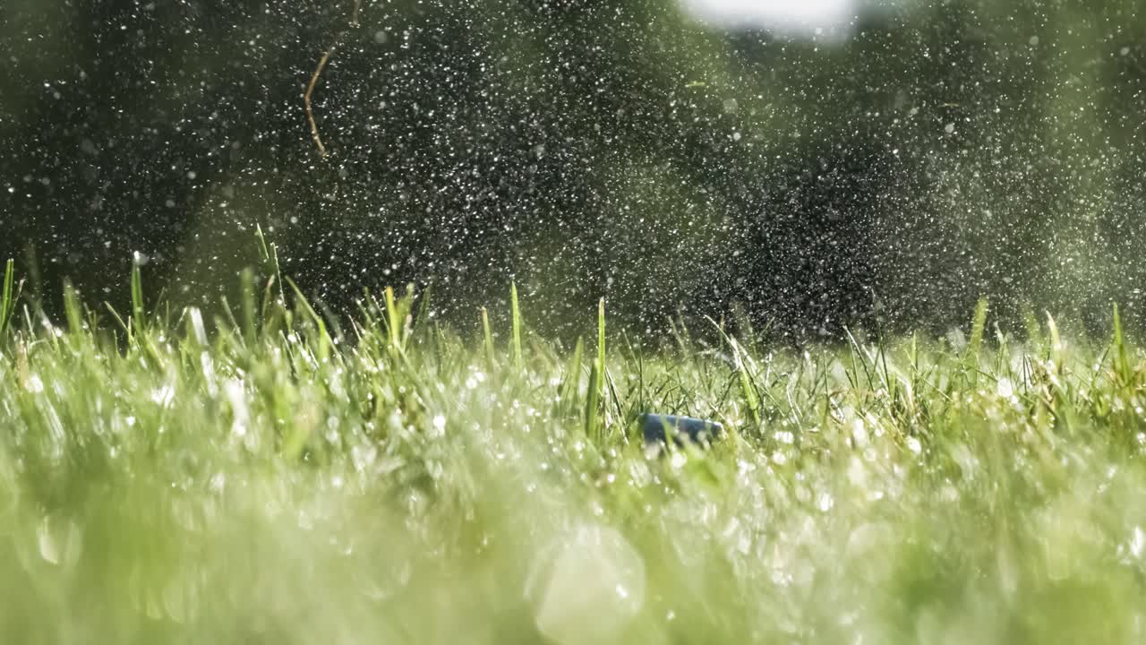 Unsuccessful Golf club hits a golf ball in a super slow motion. Drops of morning dew and grass particles rise into the air after the impact. Shot on super slow motion camera 1000 fps.
