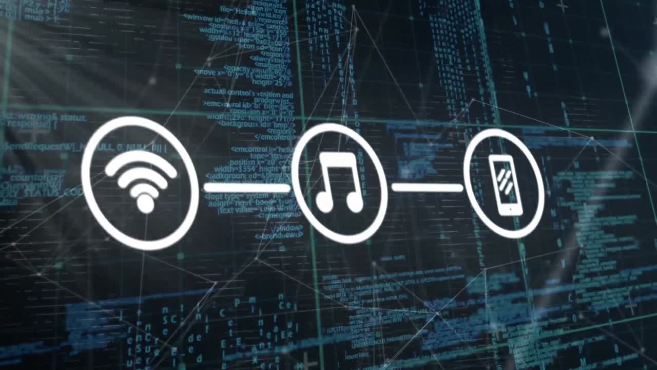 검은색 배경에 아이콘과 데이터 처리를 가진 연결 네트워크의 애니메이션