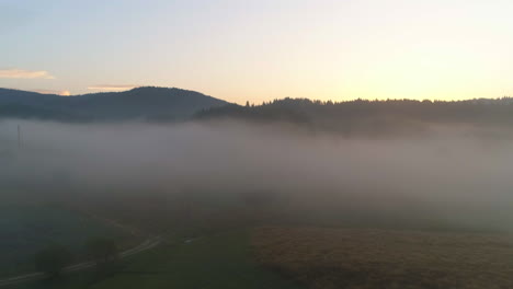 flying over early morning over a hilly field of fog