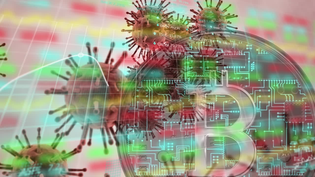 animación del procesamiento de datos financieros a través de bitcoin y células covid 19