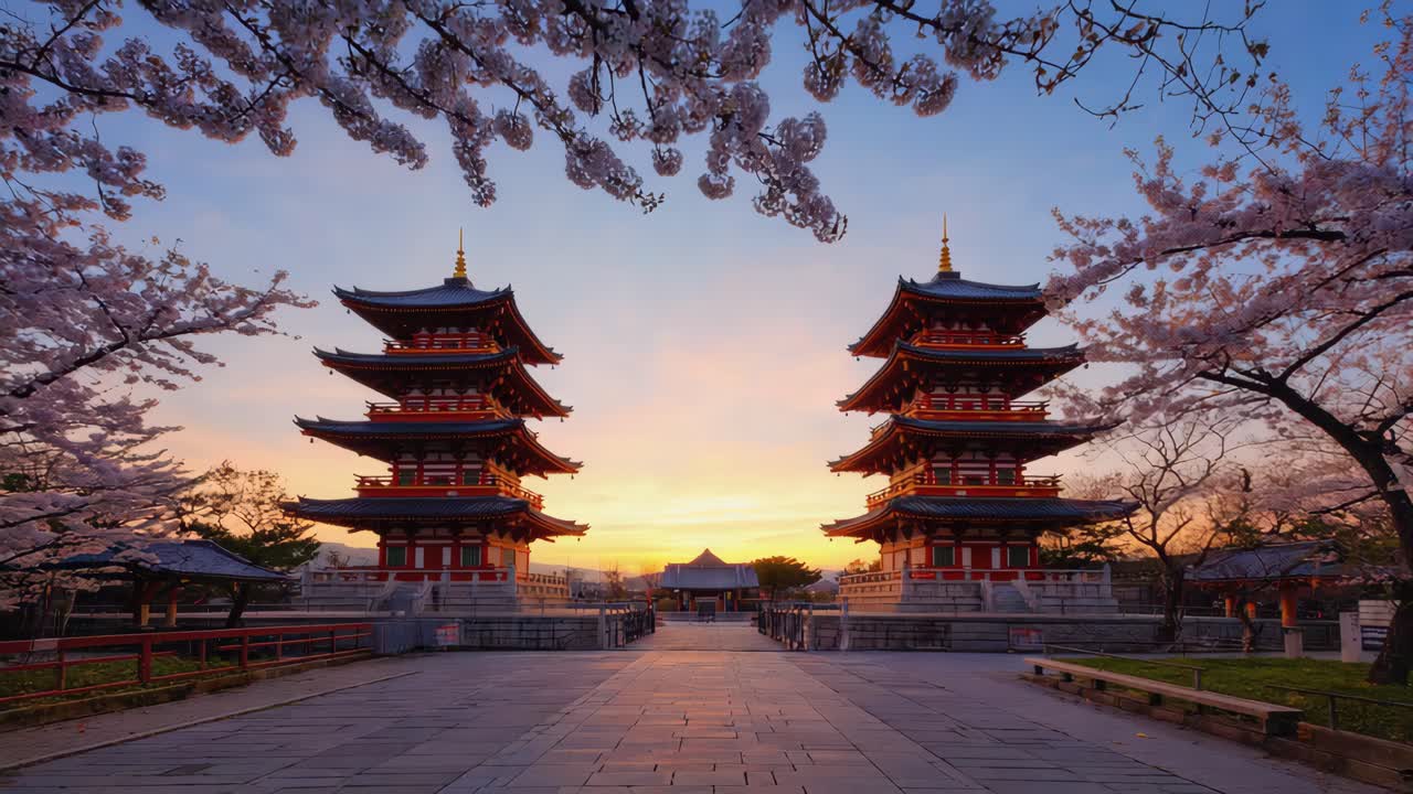 Traditional Japanese Pagodas Framed by Cherry Blossoms at Sunset