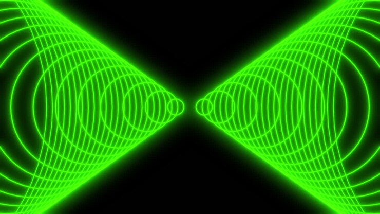 Anelli luminescenti verdi sono orientati con un angolo preciso di 45 gradi, creando un senso dinamico di profondità e simmetria. Perfetto per presentazioni tecnologiche, effetti visivi musicali o sfondi ad alta tecnologia