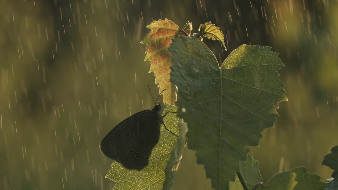 mariposa en la lluvia en la hoja