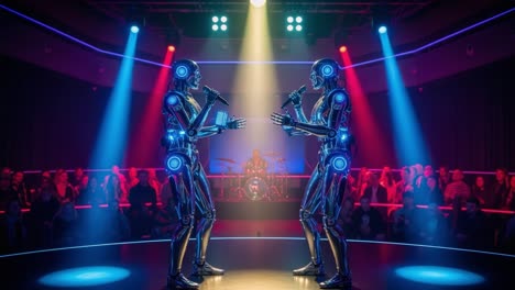 futuristic performance: two singing robots engage the audience in a stunning display of technology and entertainment under vibrant lighting