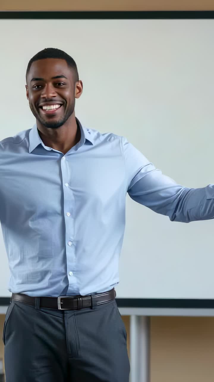 Vertical video: Greeting audience triggers presenter explaining topic before screen in boardroom