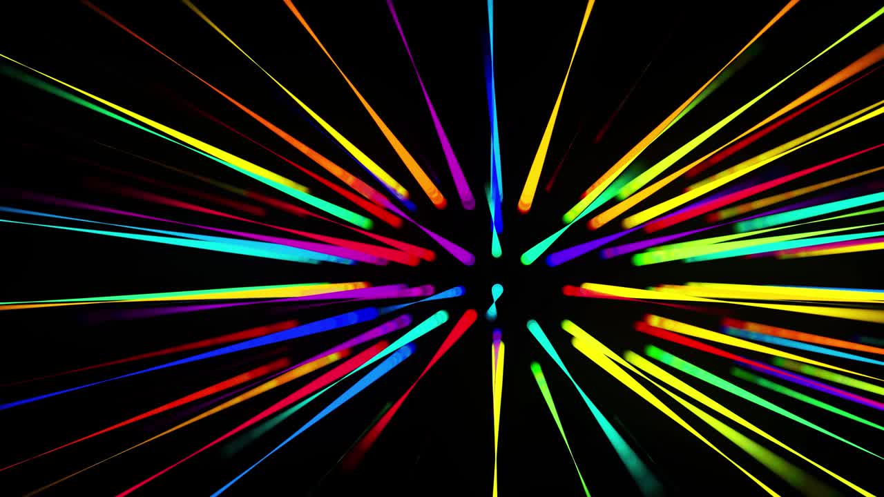 abstract 3d loop background with glowing particles lined up in a row in 3d space. Festive vj loop with multicolored particles and smooth animated camera. Motion design background.
