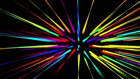 abstract 3d loop background with glowing particles lined up in a row in 3d space. festive vj loop with multicolored particles and smooth animated camera. motion design background.