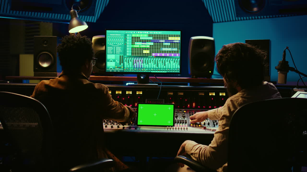 Professional engineer and musician mixing tracks next to isolated display