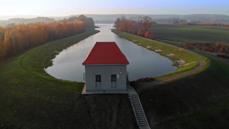 Aerial-shot-of-hydroelectric-power-plant-in-Bielkowo