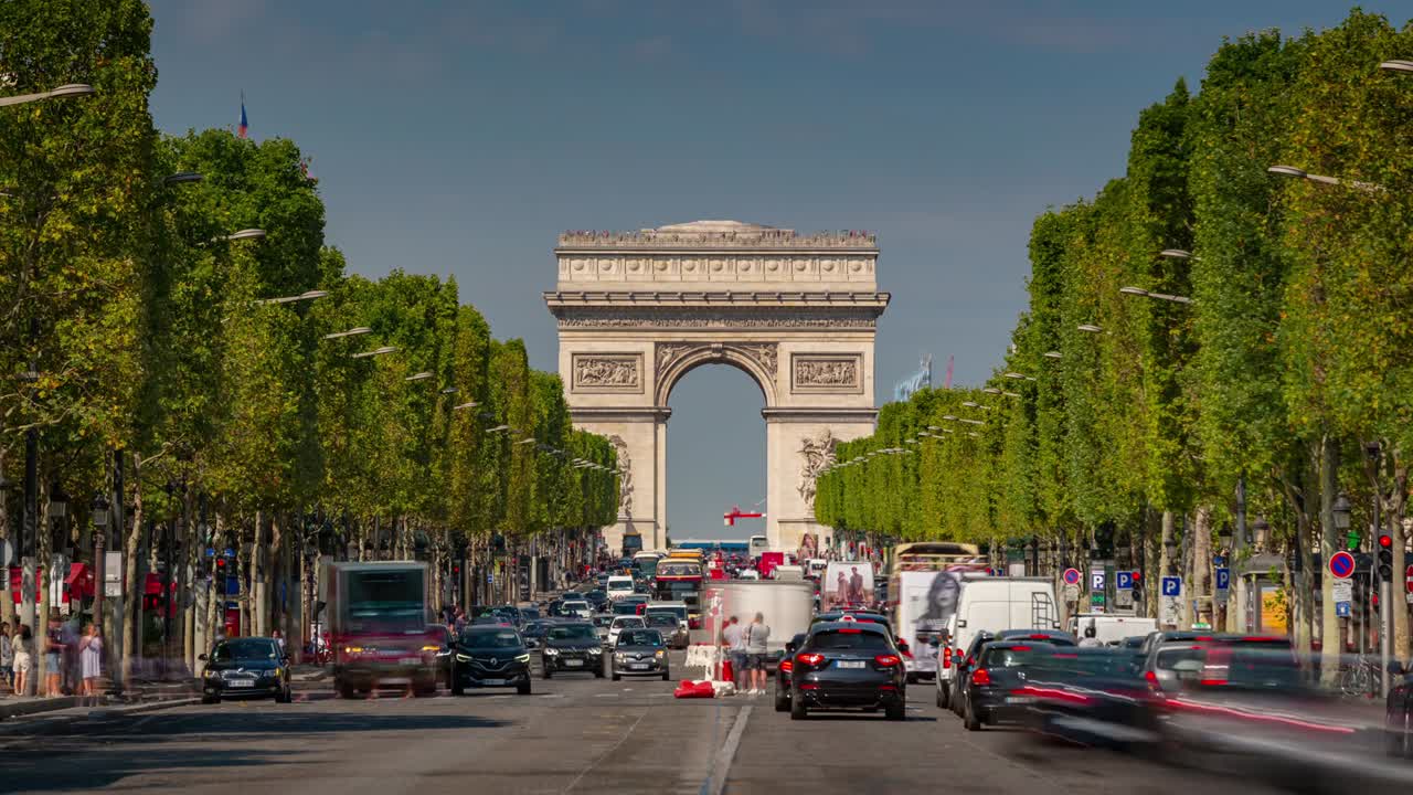 sunny evening paris city center famous traffic street arch district timelapse panorama 4k france