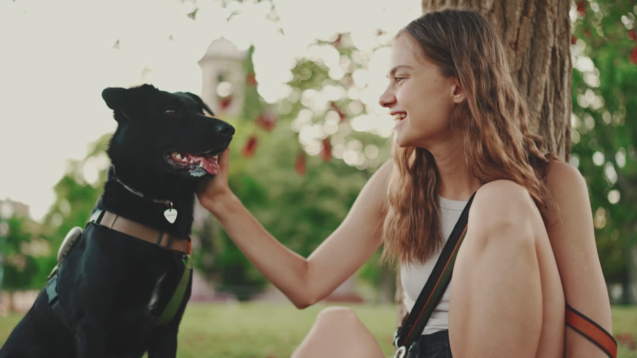 A woman petting a black dog in a park
