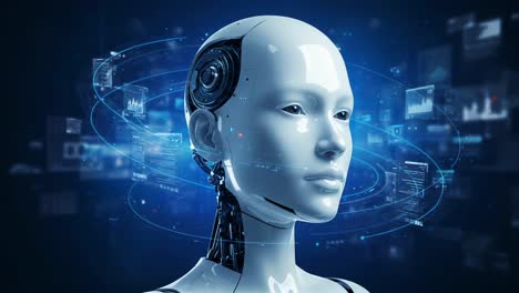 futuristic robot face showcasing advanced ai technology and digital interfaces, merging human-like features with high-tech data visualization in a sci-fi environment