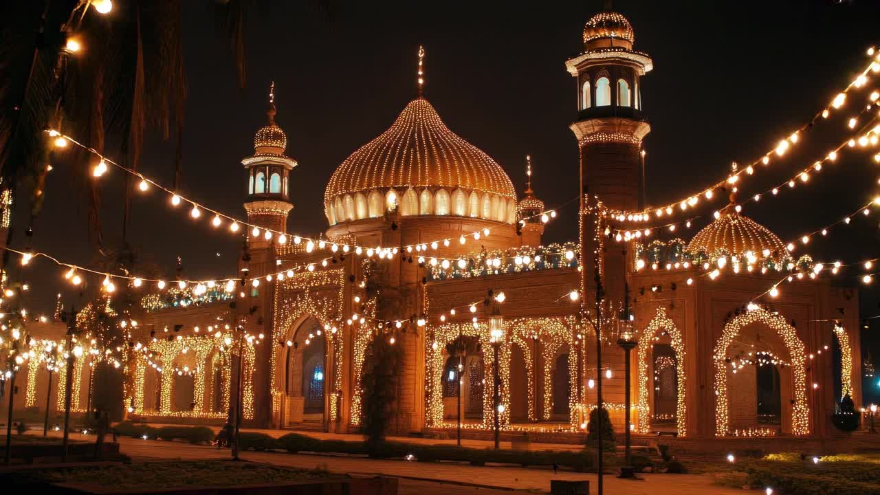 A wide-angle night shot of a beautifully lit mosque adorned with string lights, creating a festive