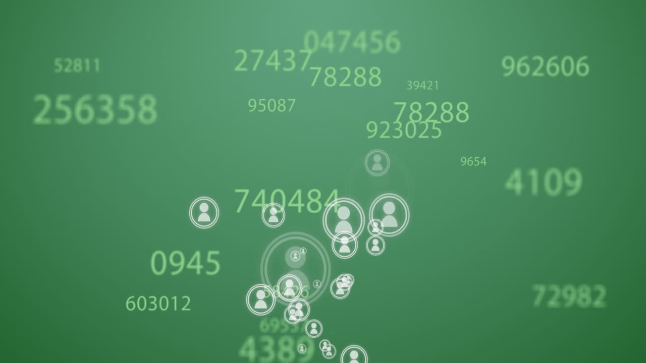 múltiples números cambiando y iconos de perfil flotando contra un fondo verde