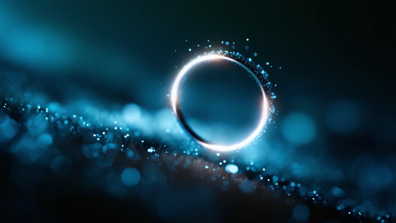 A mesmerizing close-up of a circular water droplet surrounded by shimmering particles, showcasing the beauty of light and reflection in a captivating macro perspective