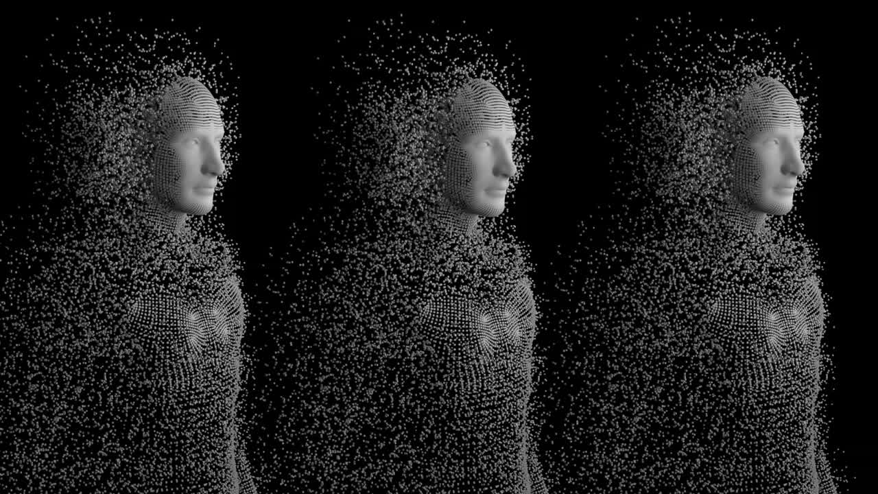 анимация человеческой модели и мозга с научными текстами на черном фоне