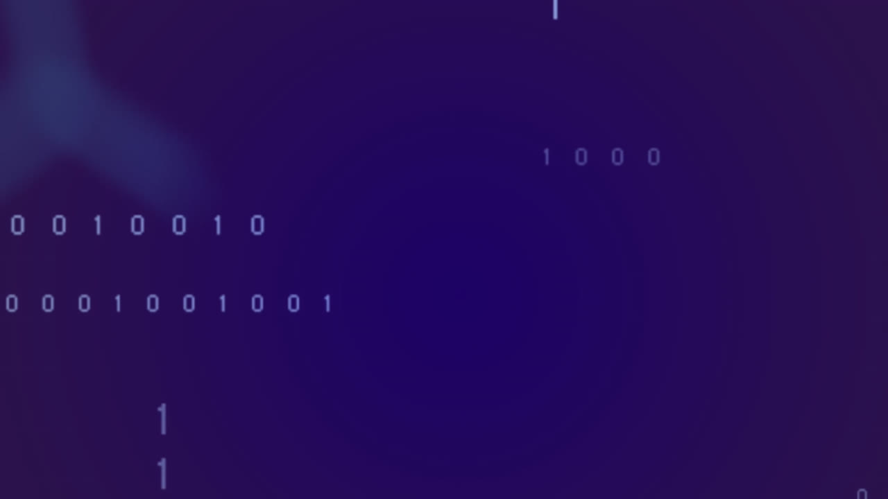 Animation of data processing and binary coding against blue background