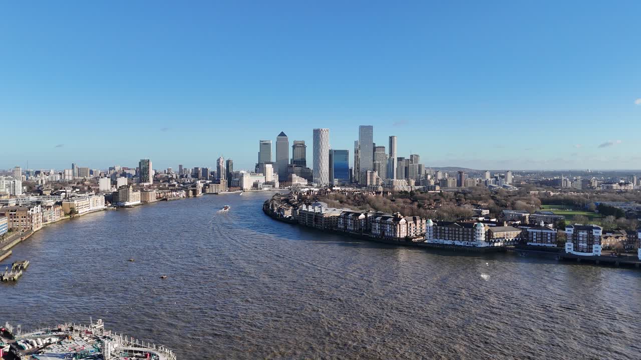 London docklands financial district viewed from Wapping over River Thames