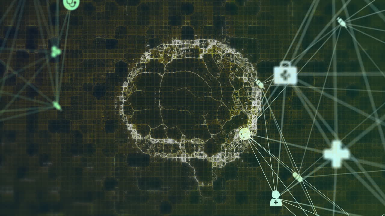 Animation of network of connections and human brain on black background