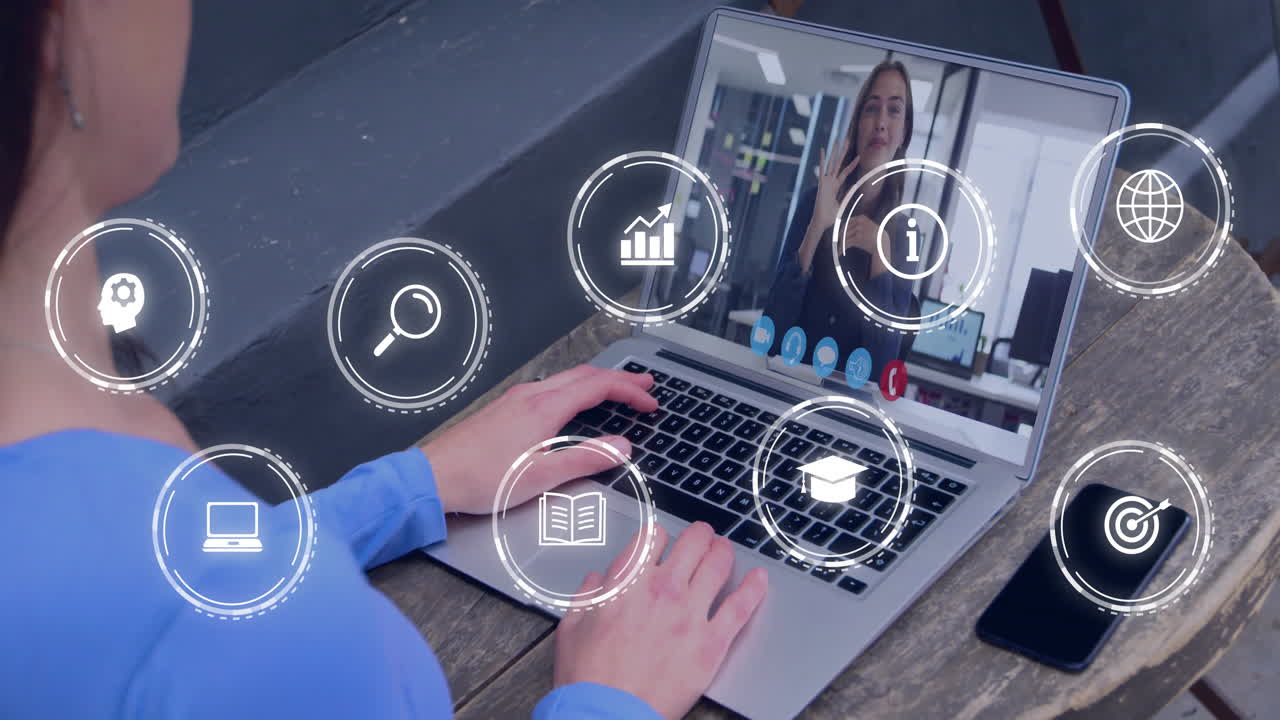 노트북 통화에서 백인 사업가에 대한 아이콘과 연결 네트워크의 애니메이션