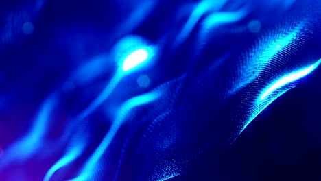 animación de bucle 3d como fondo de ciencia ficción de partículas brillantes con profundidad de campo y bokeh para bucle vj. las partículas forman línea y cuadrícula de superficie. v7 azul
