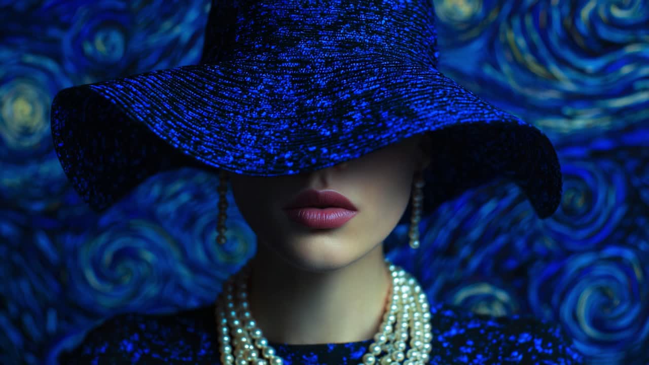 A Captivating Portrait of Elegance: A Woman Dressed in a Striking Blue Hat and Pearl Necklace Against a Bold Abstract Background, Radiating Mystery and Sophistication, Perfectly Blending Fashion and Art