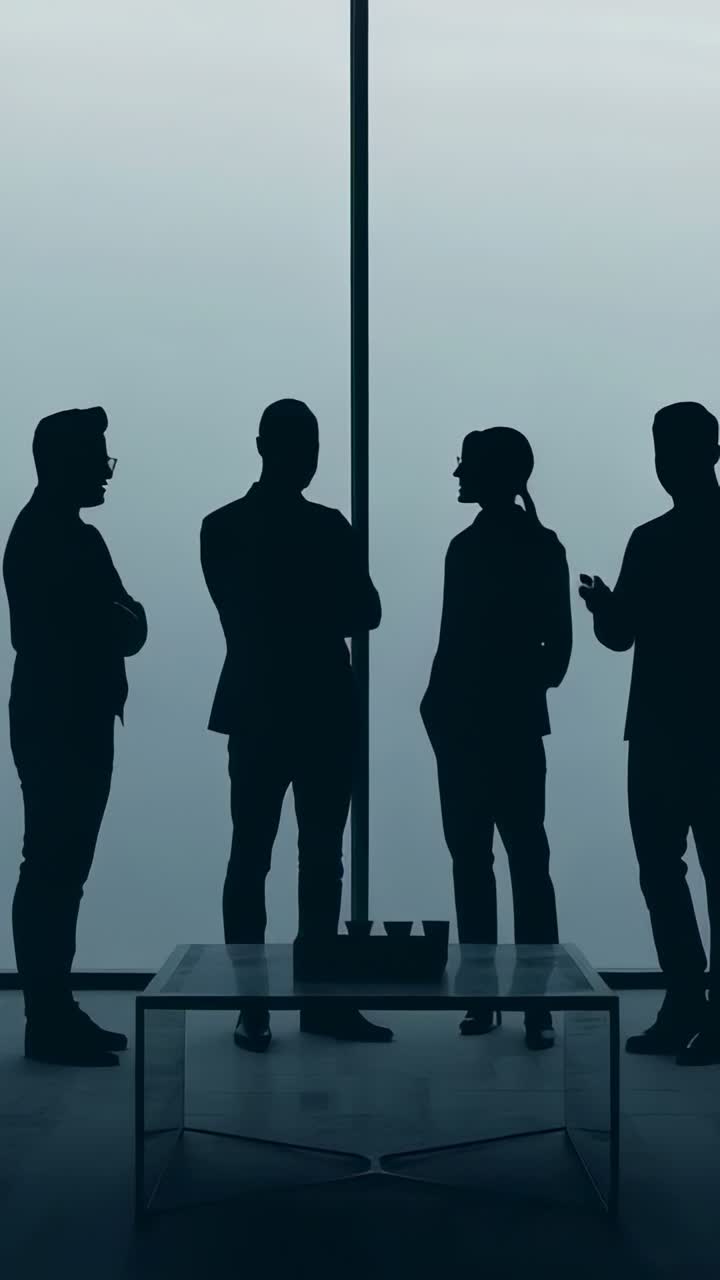 Vertikal video: En kollega gestikulerer til højre, mens de leder en plansamtale med et team i jakkesæt ved et kontorvindue og et bord.