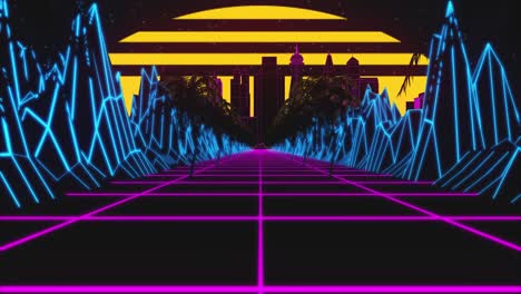 retrowave horizonte paisaje luces de neón y terreno de baja poli con ciudad moderna y sol. animación de bucle de fondo retro de los años 80