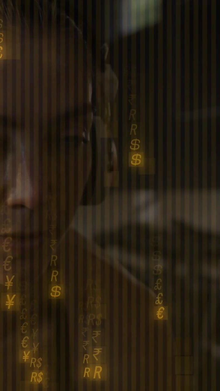 Vertikal video: Kvinde med headset, ping gnister faldende finansielle glyffer hen over ansigtet til betalinger