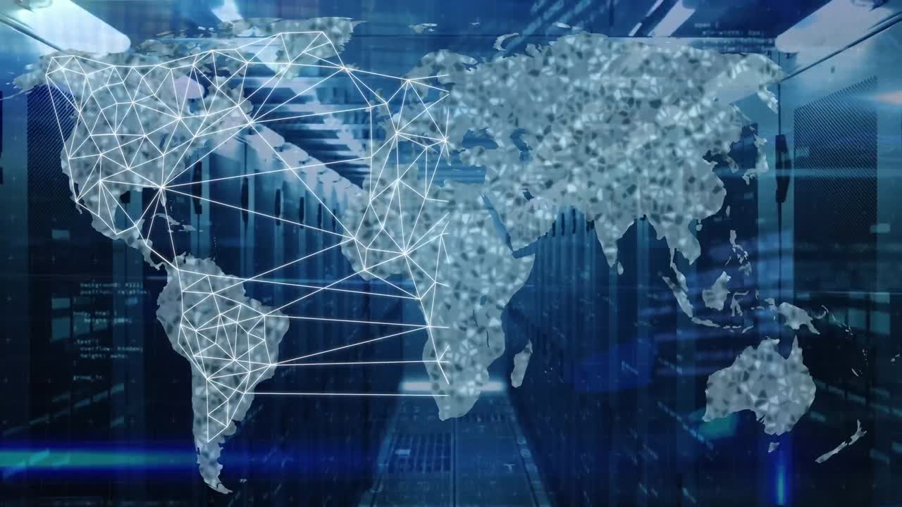 Animation of world map and data processing over computer servers