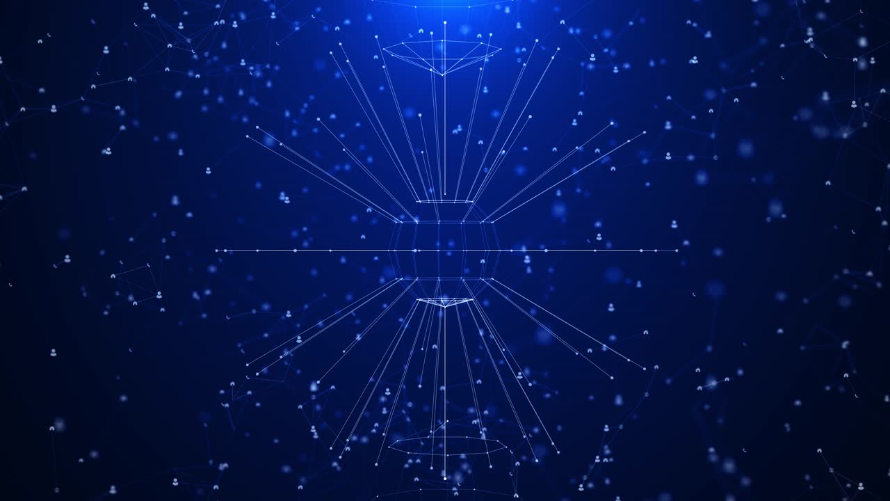 Futuristic global network connected big data tunnel 3d ai 4k animation glowing nodes dots lines data