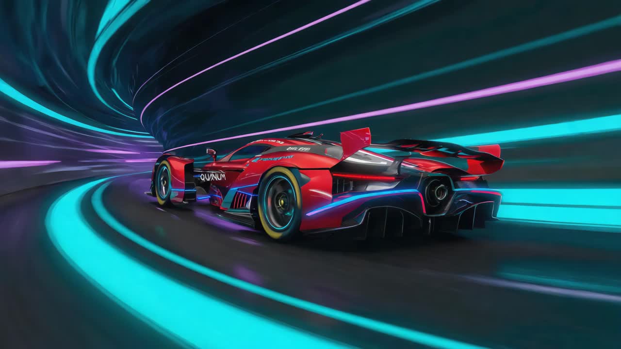 Futuristic Red Race Car in Neon Lit Tunnel