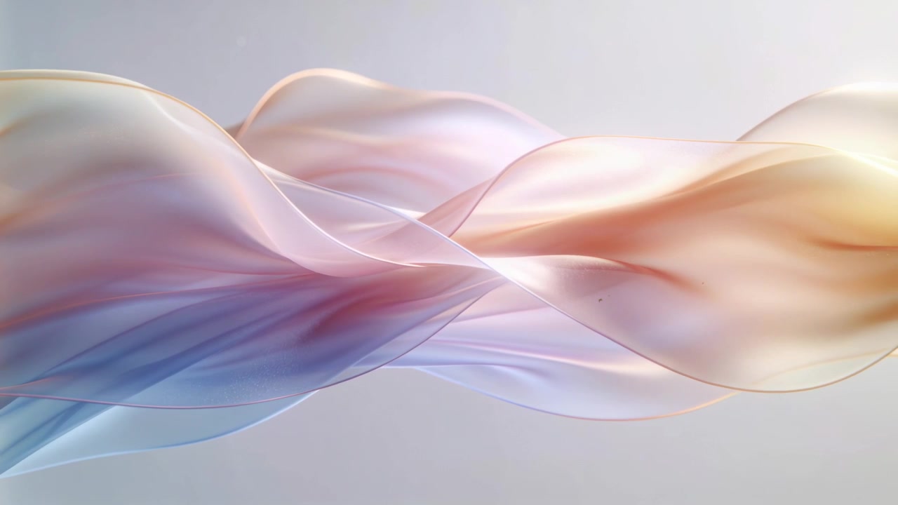 Sliding layered ribbons undulating on pale backdrop since first frame, forming pastel color blends